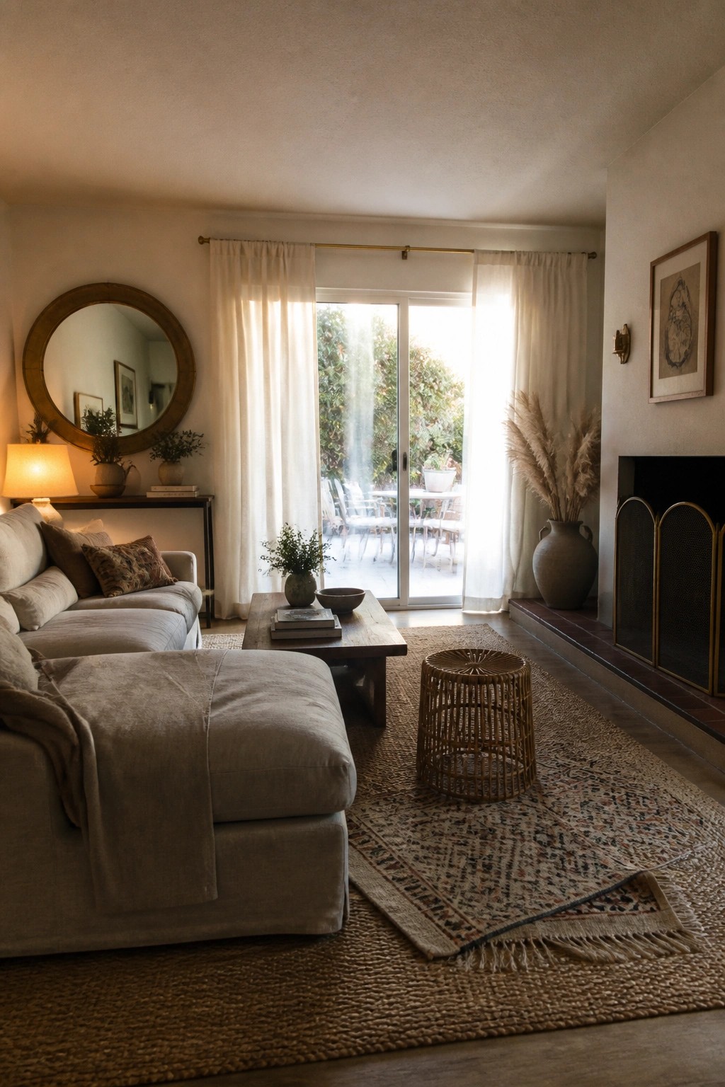 A living room with a beige sectional sofa, wooden coffee table on layered rugs, round mirror on the wall, and large windows dressed with white curtains on a brass rod.