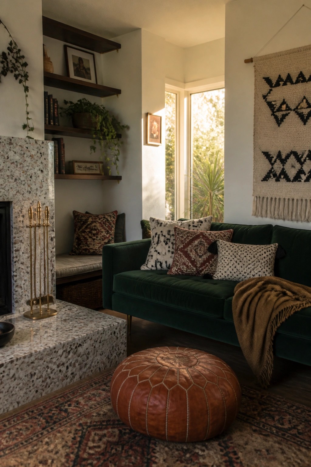 A living room with a green velvet sofa, patterned pillows, a brown leather pouf on a patterned rug, wooden built-in shelves, and a terrazzo fireplace with brass tools.