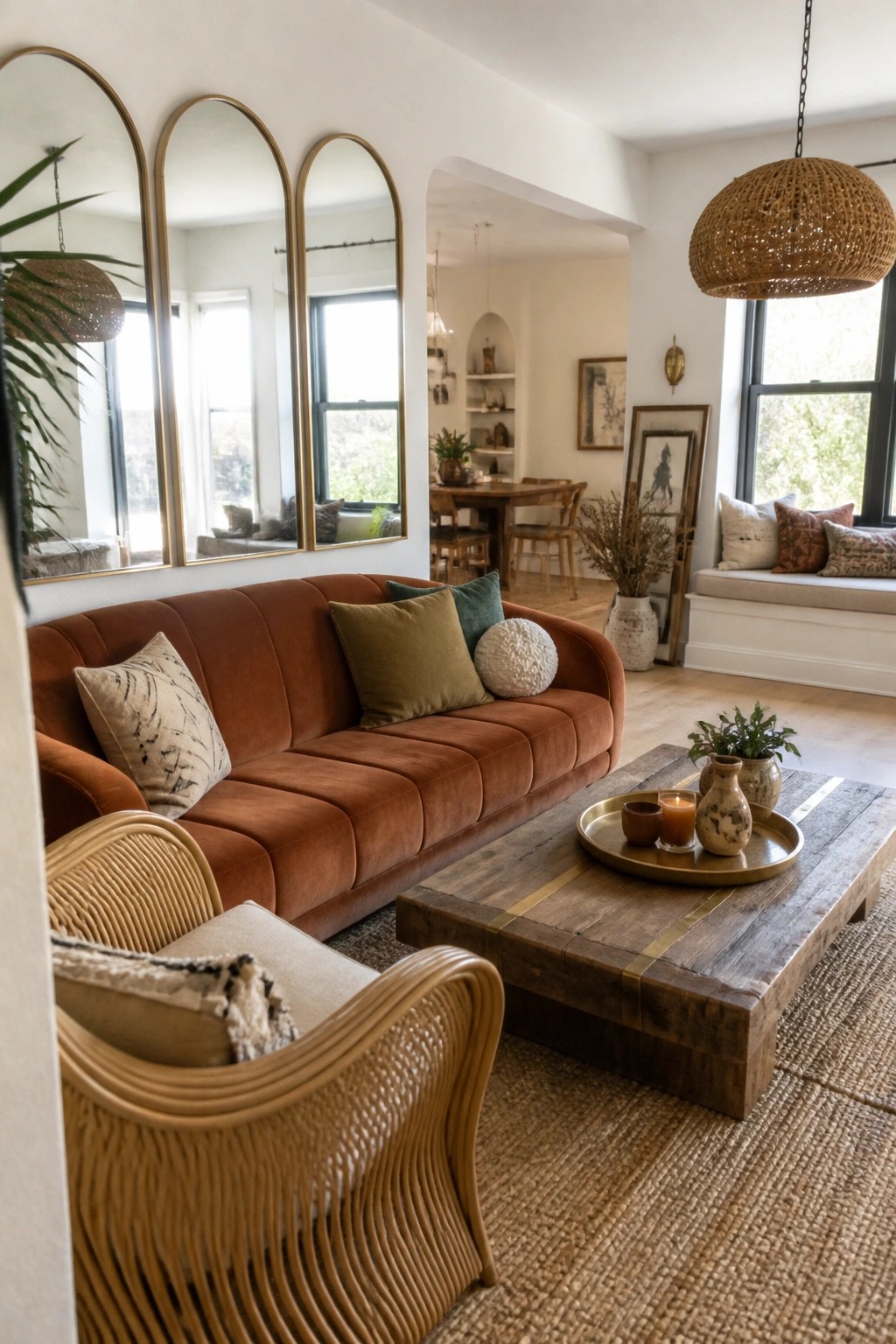 A living room with a rust-colored sofa, wooden coffee table, and three large arched mirrors with brass frames on the wall behind the sofa.