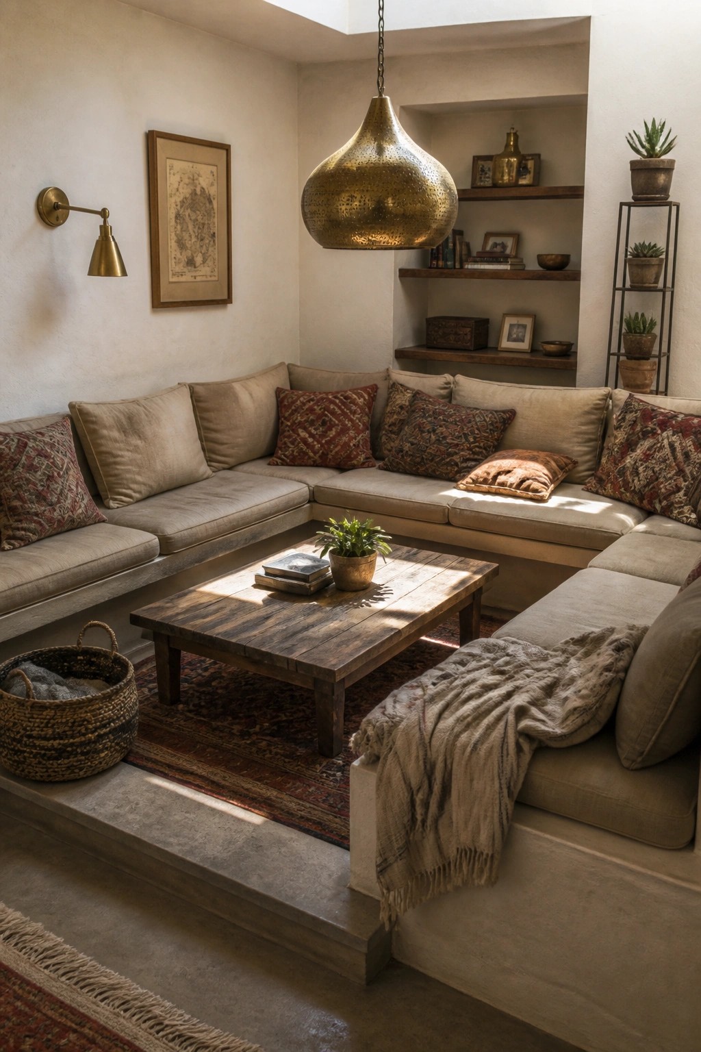 A recessed living room corner with an L-shaped beige sectional sofa, wooden coffee table, large hammered brass pendant light, and built-in shelves holding books and small decor.