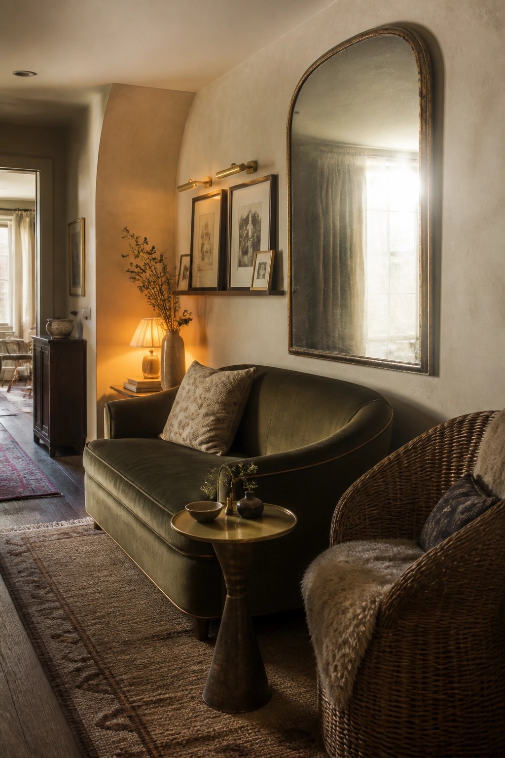 A living room with a green velvet sofa, a round brass side table, framed artwork lit by two brass picture lights, and a large arched brass mirror on a light wall.