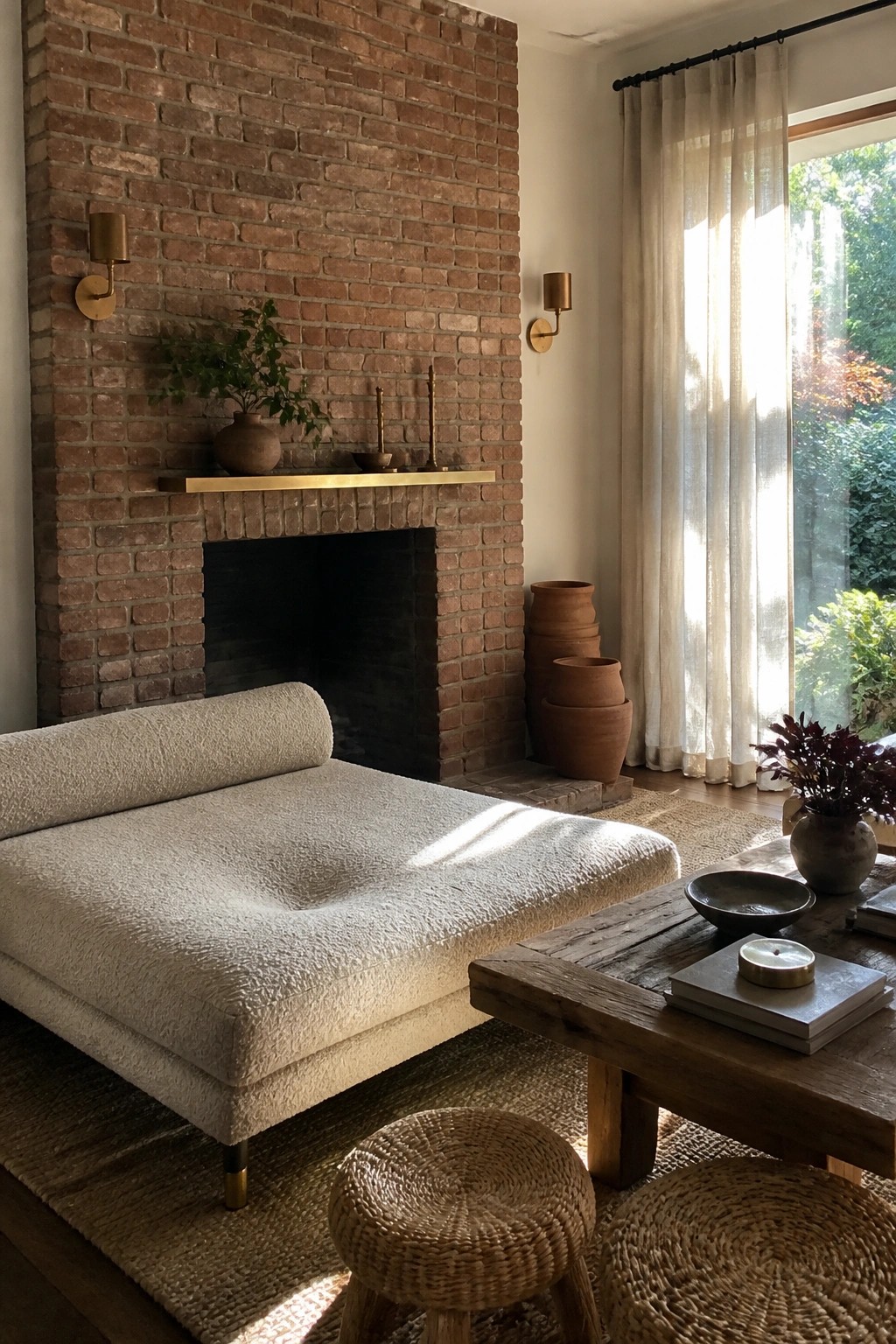 A living room featuring a red brick fireplace with brass wall sconces on both sides, a white bouclé sofa, a wooden coffee table, and woven stools on a jute rug.