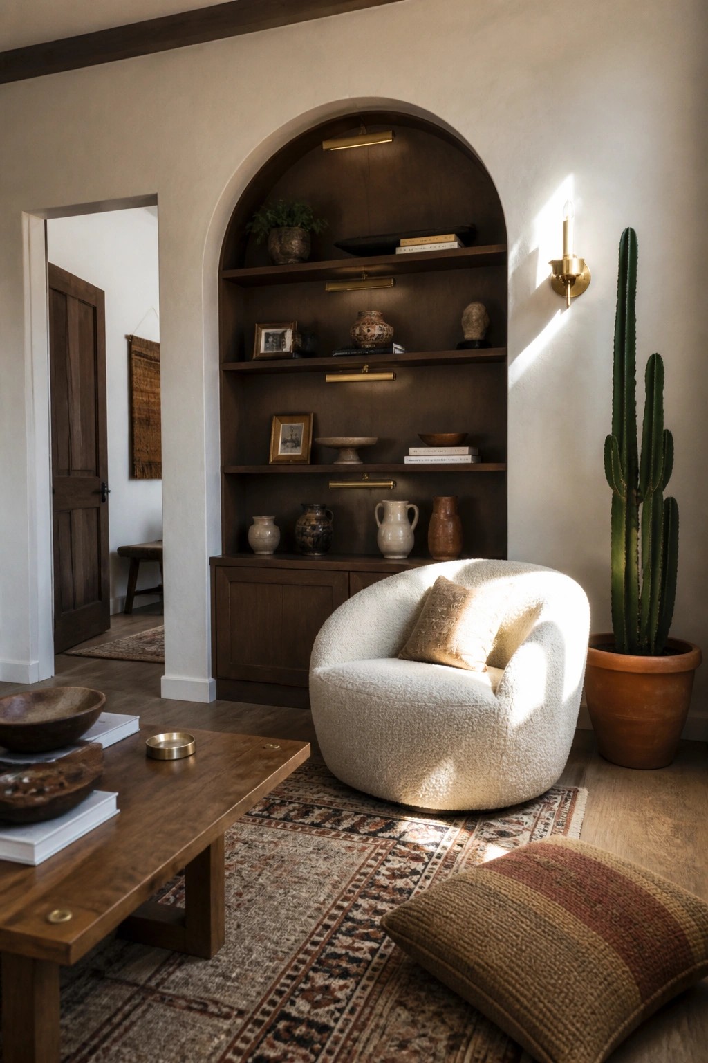 A living room with a large arched built-in shelving unit in dark wood, a white round chair on a patterned rug, and a tall cactus in a terracotta pot.