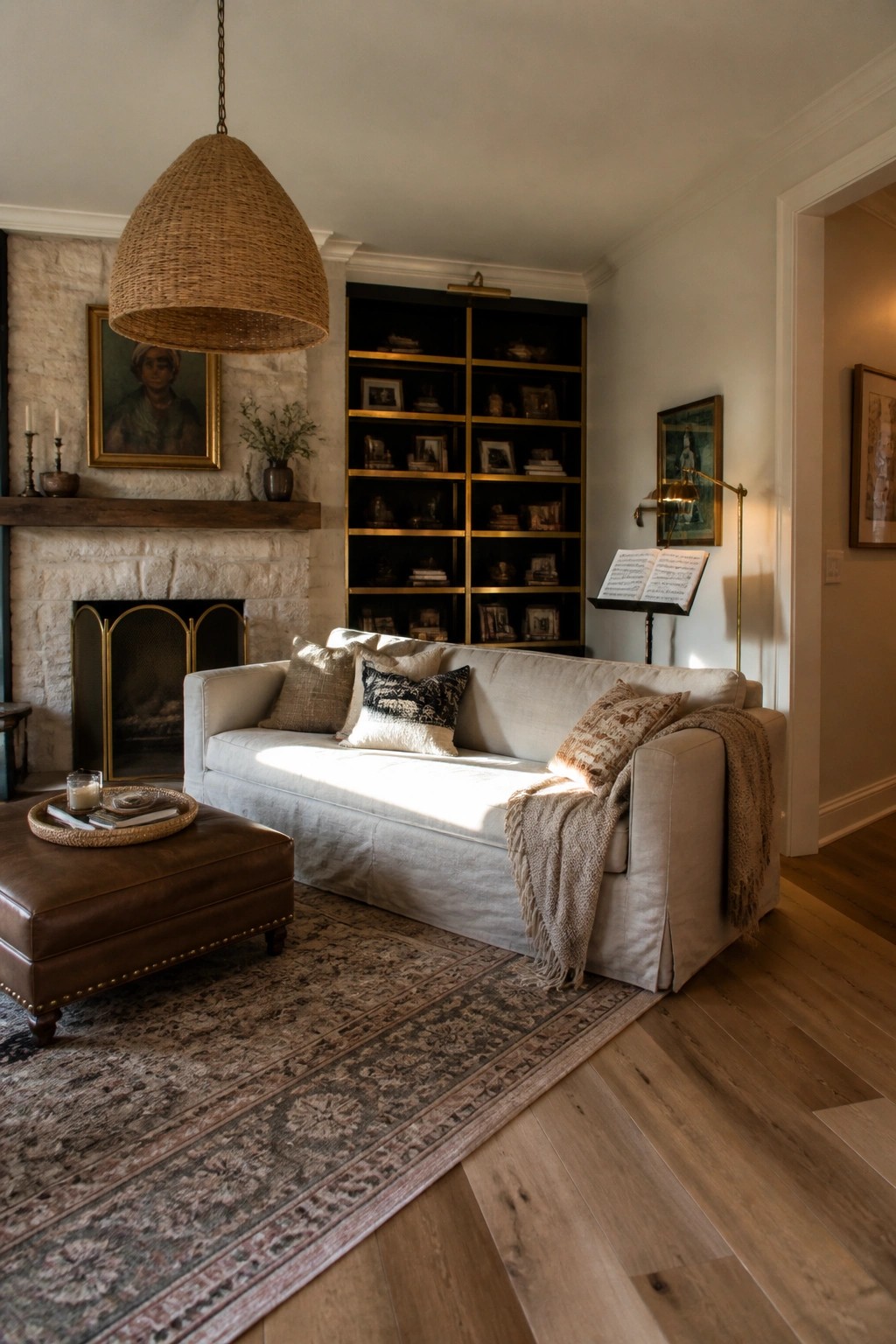A living room featuring a light sofa in front of black built-in bookshelves with gold trim, a stone fireplace on the left, and a woven pendant light hanging overhead.