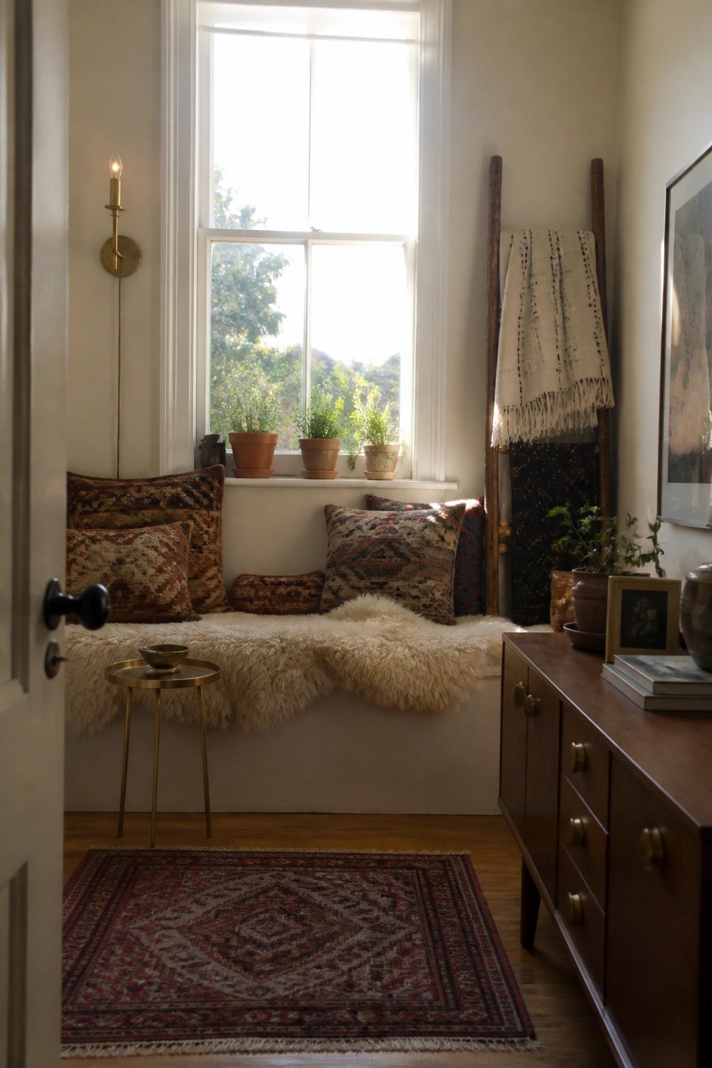 A bright interior window seat nook with patterned pillows, a sheepskin throw, a small brass side table, a wall sconce, potted plants on the sill, and a wooden dresser beside it.