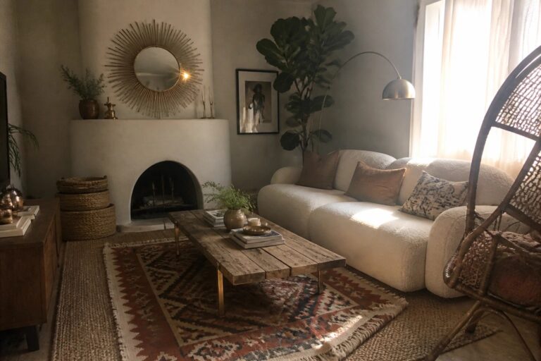 23 Elegant Boho Chic Living Room Ideas Featuring Warm Brass Accents A boho living room with a white sofa, wooden coffee table on a patterned rug, brass arc floor lamp, fireplace, and sunburst mirror.