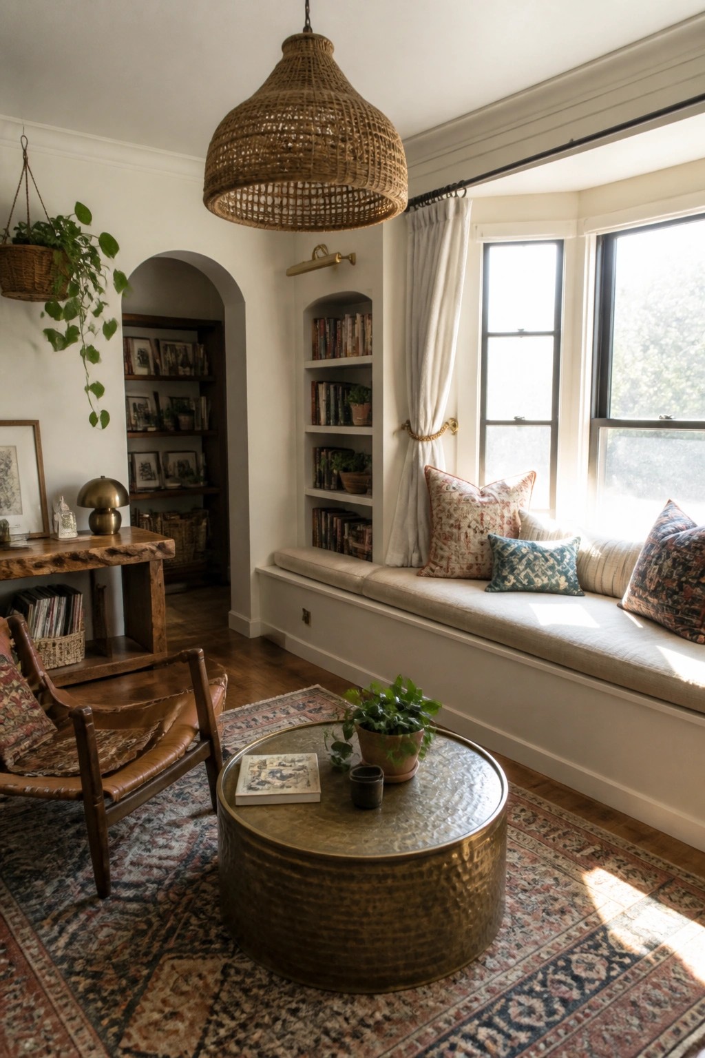 A living room featuring a round hammered brass coffee table in front of a built-in window seat with cushions and pillows, a woven pendant light above, and built-in bookshelves along the wall.