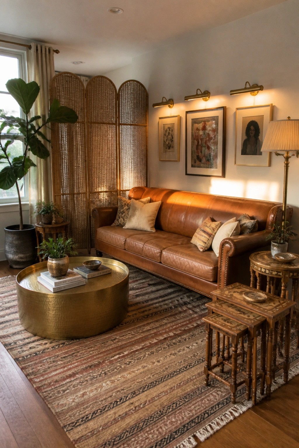 A living room featuring a brown leather sofa on a striped rug, a round brass coffee table with books, wall sconces above framed art, and a woven room divider in the background.
