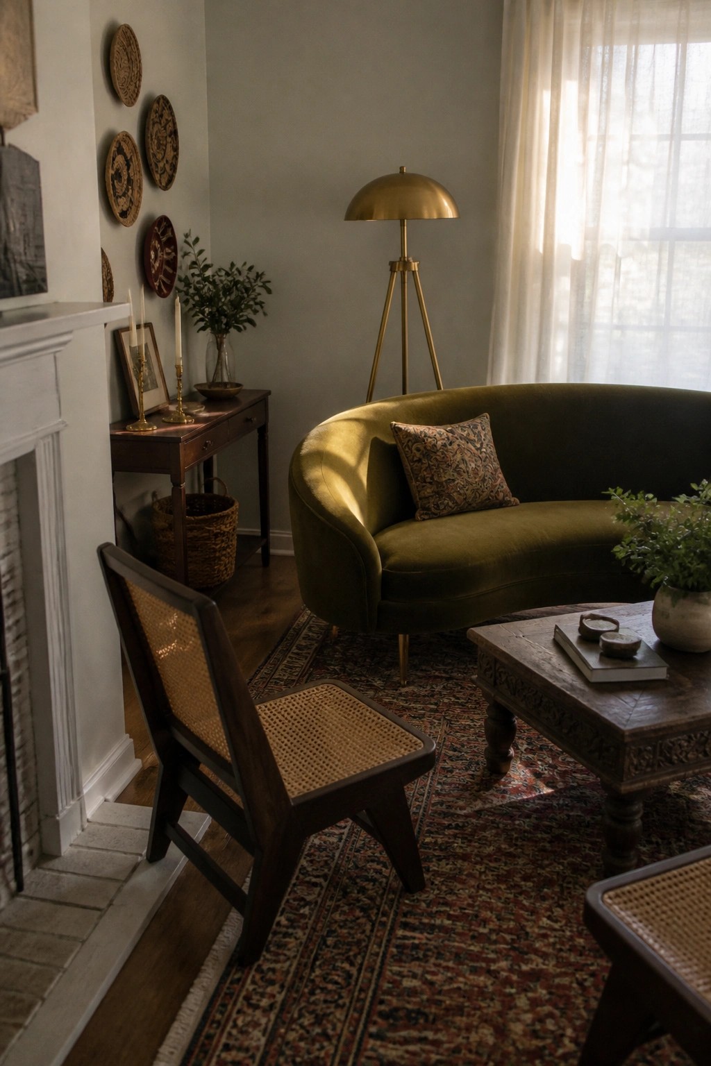 A living room corner showing a curved green sofa, a brass tripod floor lamp, a carved wood coffee table on a patterned rug, and a cane-back wooden chair near a white fireplace mantel.