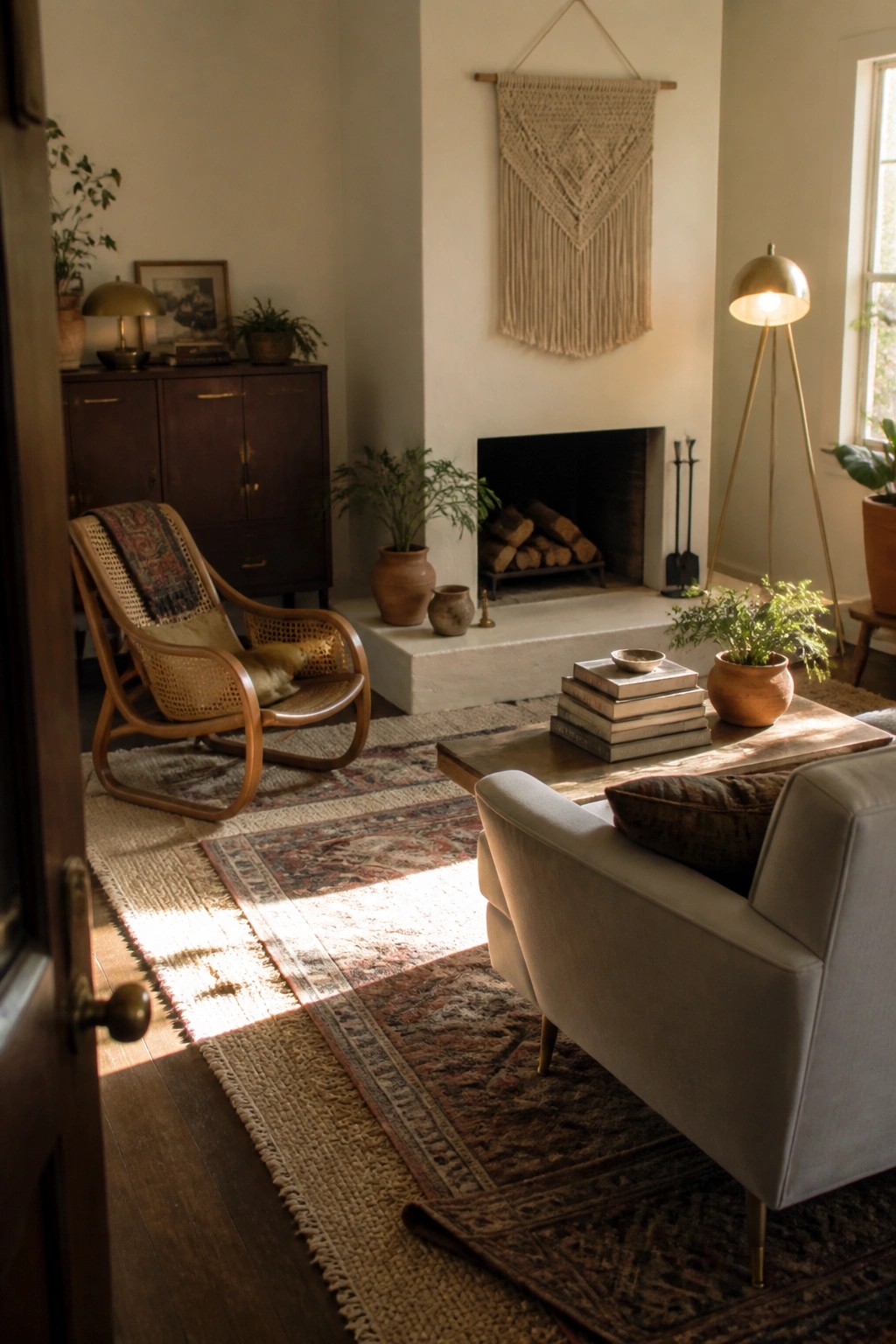 Sunlit living room with fireplace, macramé hanging, rocking chair with cat, and layered rugs