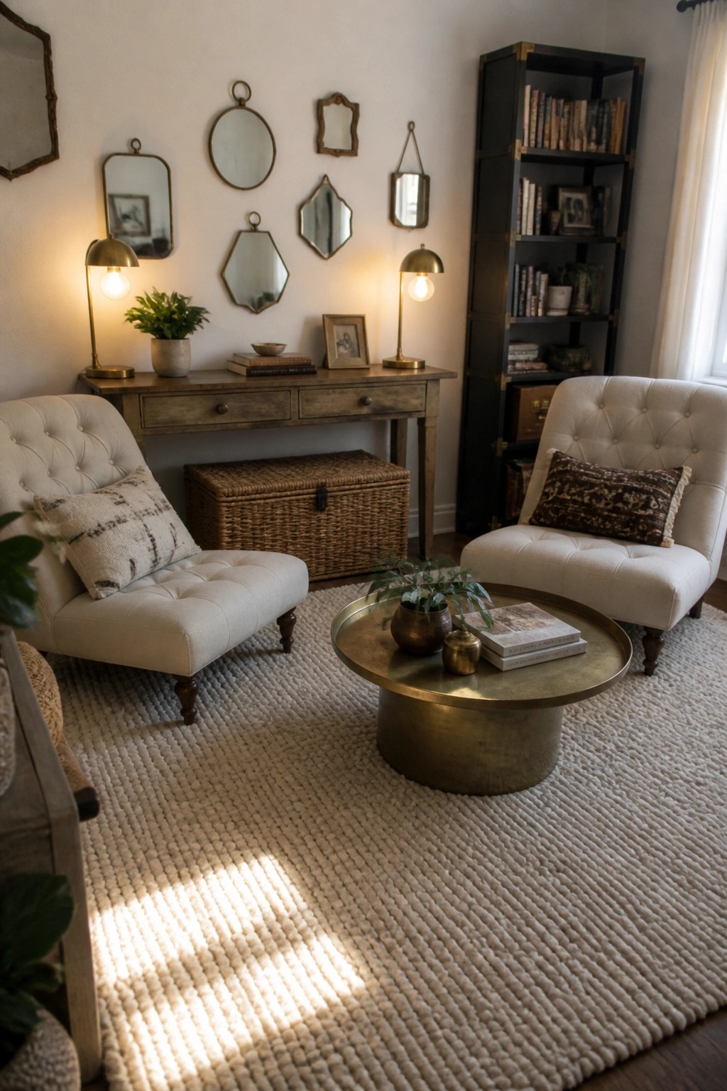 A living room featuring two off-white tufted armchairs, a round brass coffee table, a wooden console table with two lit brass lamps, and a collection of decorative mirrors on the wall above it.