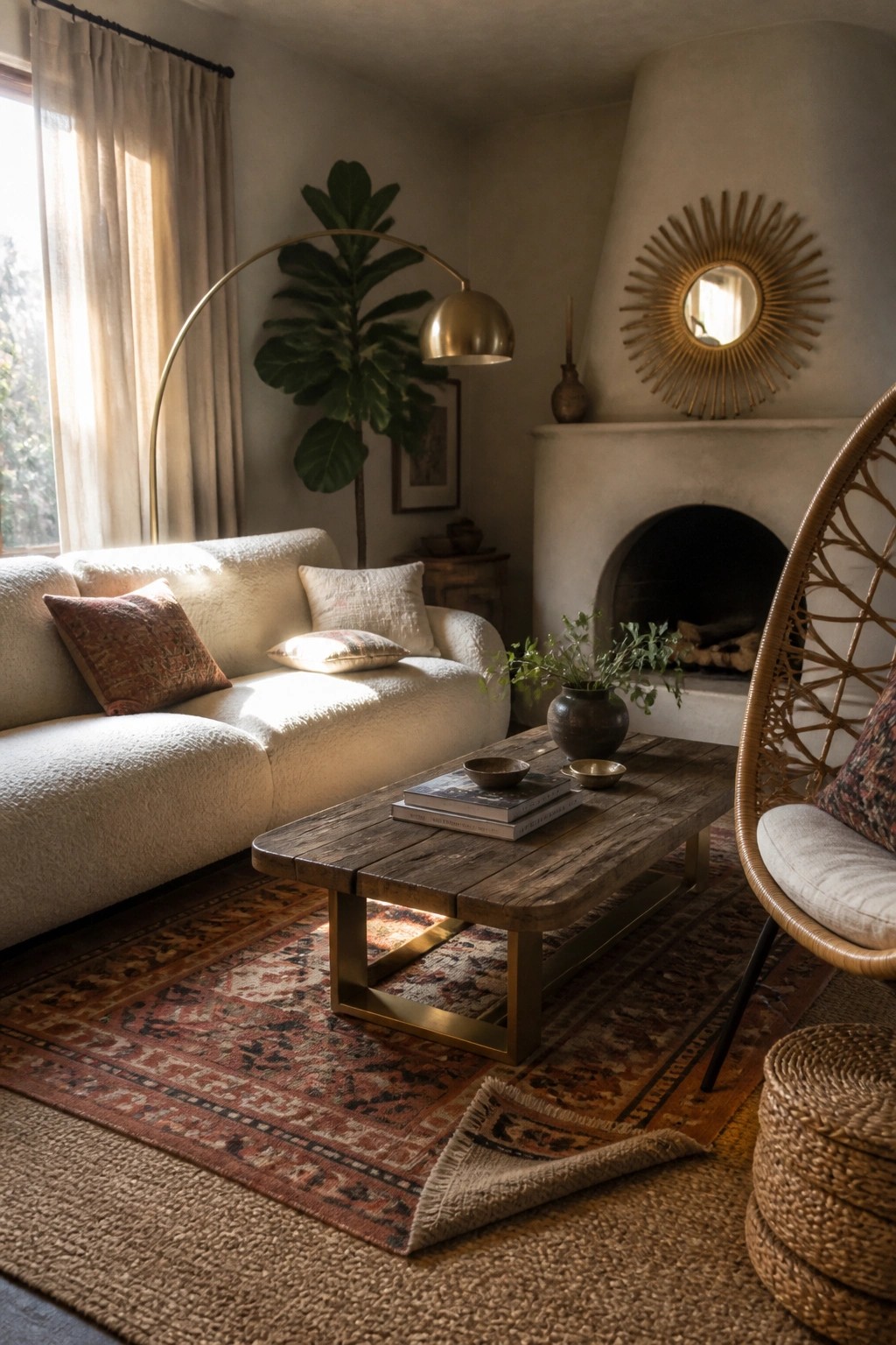 A boho living room with a white sofa, wooden coffee table on a patterned rug, brass arc floor lamp, fireplace, and sunburst mirror.