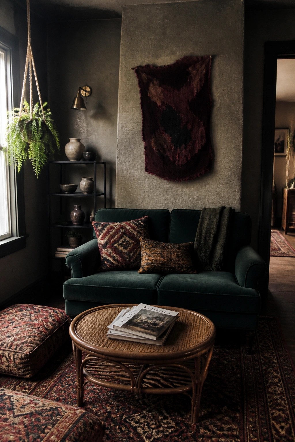 A dark green velvet sofa with patterned pillows sits in a moody living room with a rattan coffee table, dark rugs, and a large textile hanging on the wall.