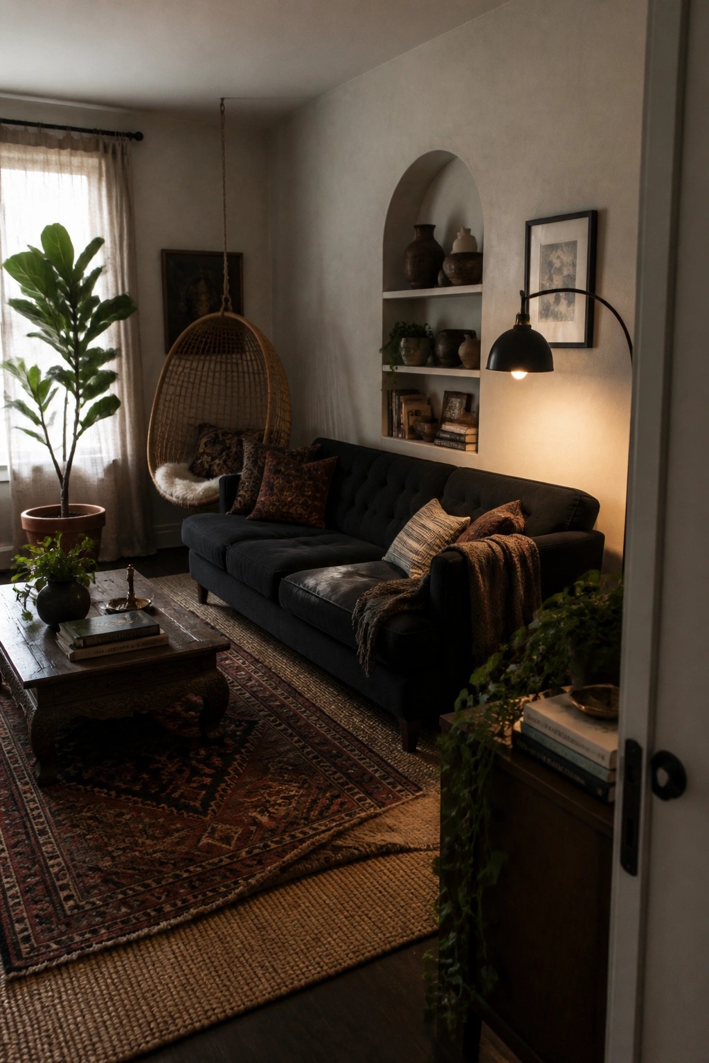 Cozy living room with navy sofa, hanging rattan chair, arched shelves, and plants