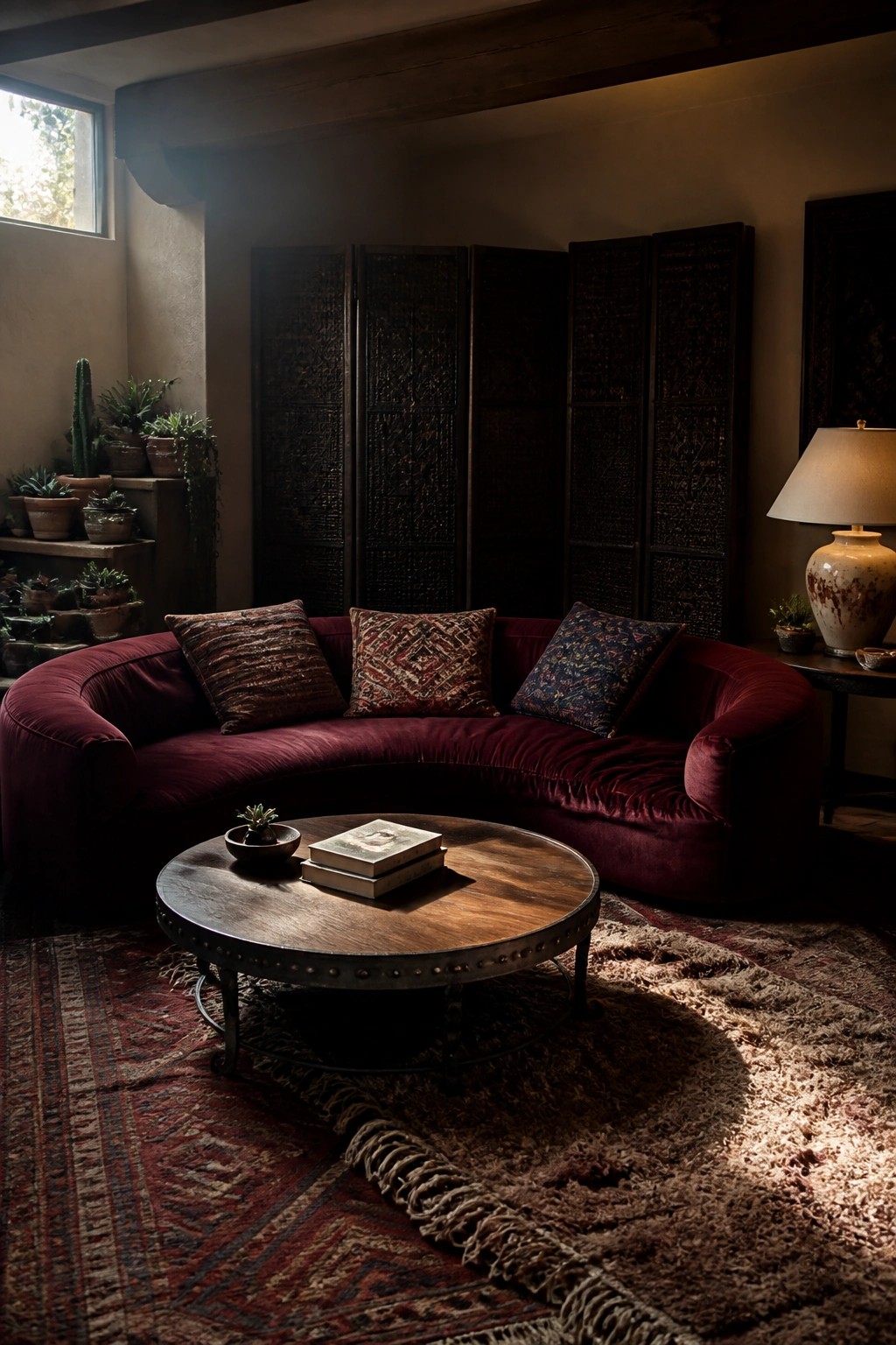 A curved burgundy velvet sofa with patterned pillows faces a round wooden coffee table on a fringed rug, with a dark carved folding screen behind it.