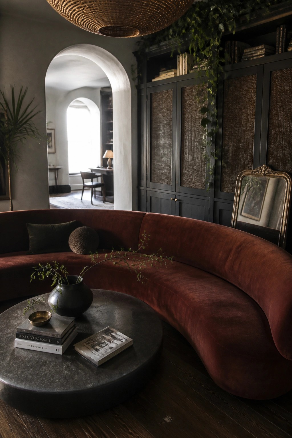 A living room with a large curved red velvet sofa, round stone coffee table, dark built-in cabinets, and an arched doorway in the background.