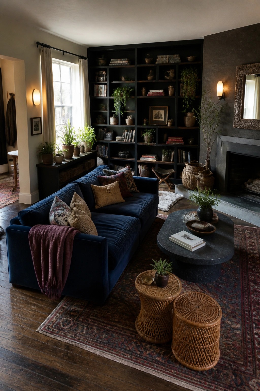 A navy velvet sofa sits in front of a large black built-in bookshelf wall, with a round stone coffee table and two woven stools on a patterned rug in a dark living room.
