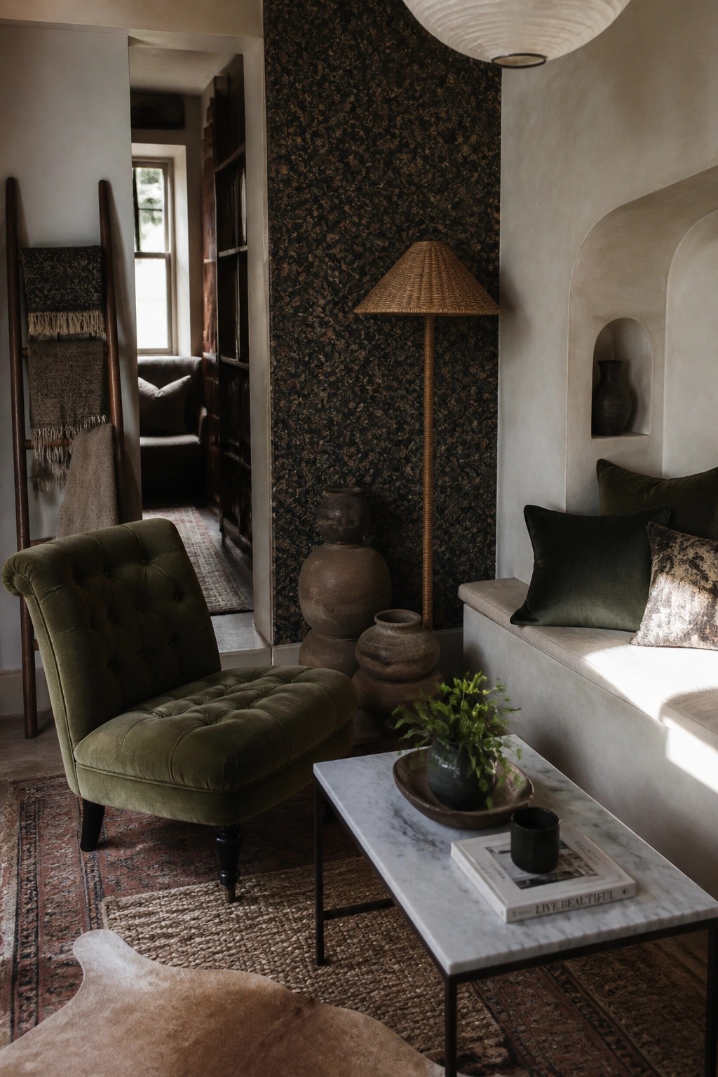 Green velvet armchair beside marble table, woven lamp, and clay pottery in rustic room