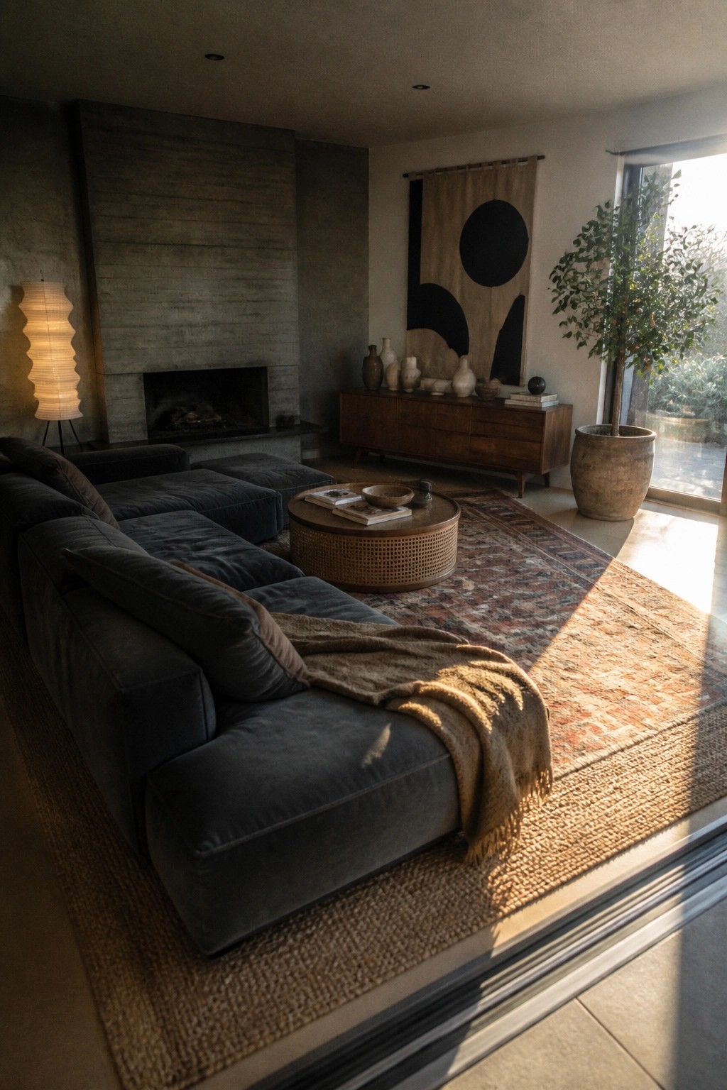 A spacious living room featuring a large dark blue velvet sectional sofa, round wooden coffee table on a patterned rug, and a concrete fireplace wall with a paper lantern floor lamp.