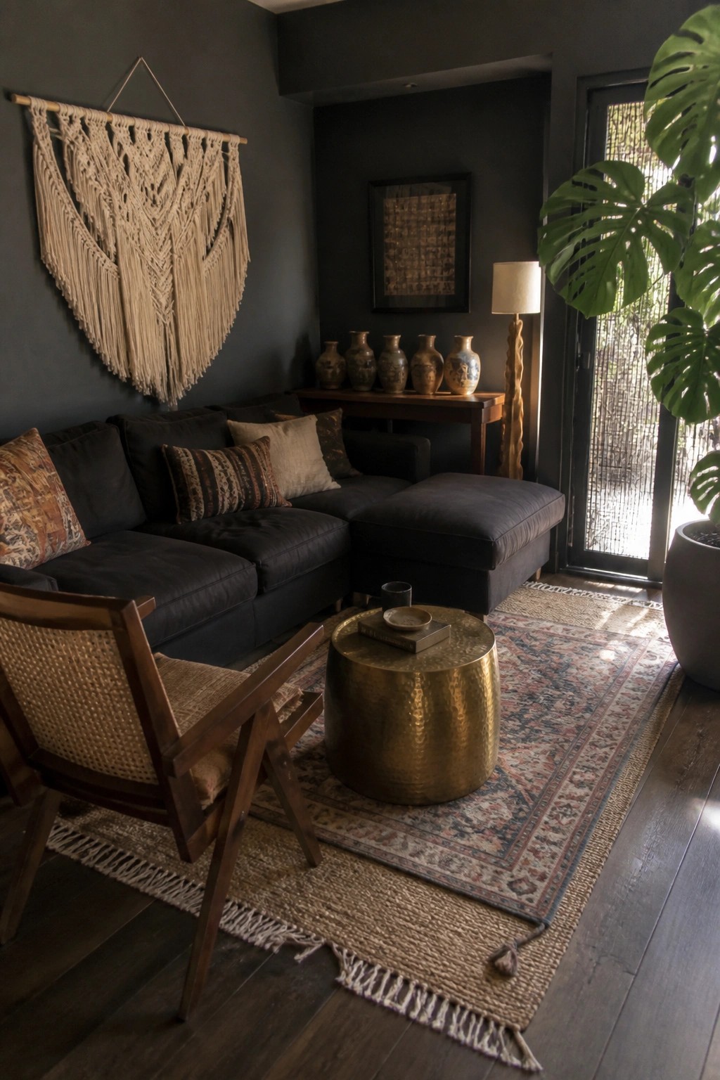 Dark bohemian living room with macrame wall hanging, navy sectional, and brass table.