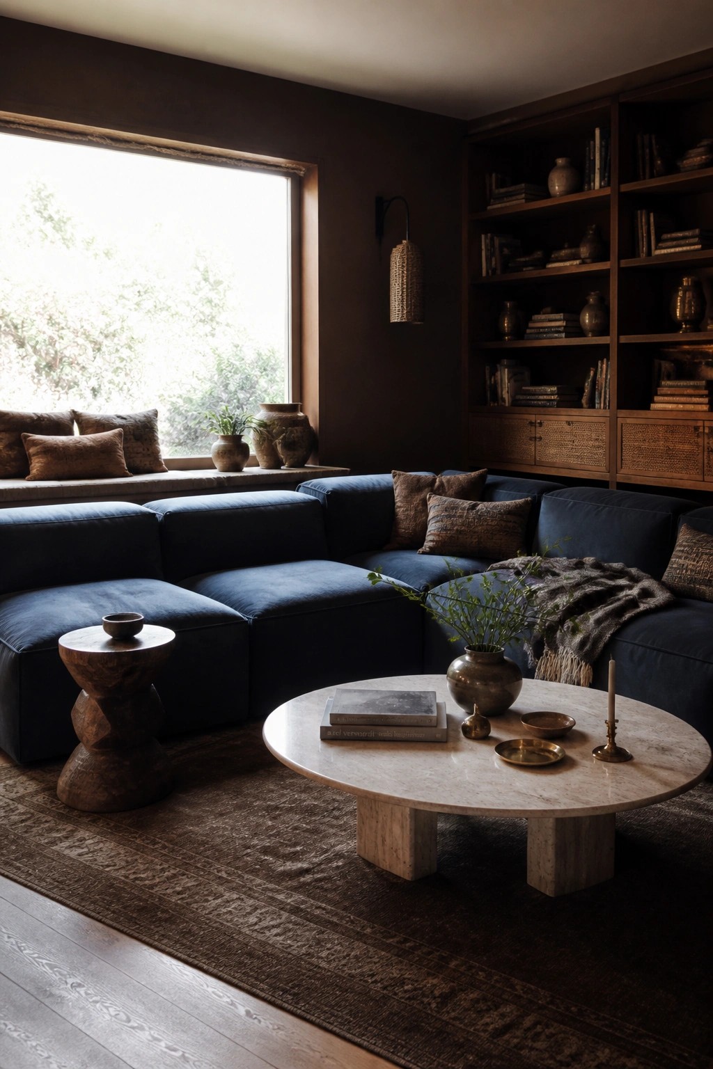 A living room featuring a large blue velvet sectional sofa, built-in dark wood bookshelves, a round marble coffee table, and a large window with a window seat.