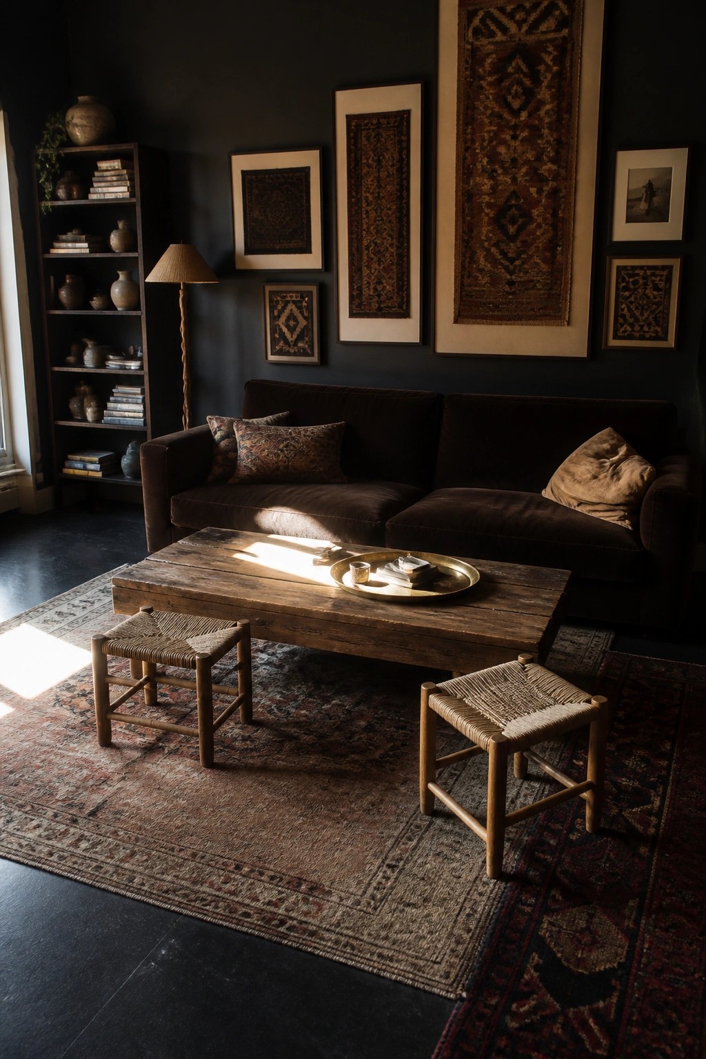 A living room featuring dark walls, a brown velvet sofa, a wooden coffee table, woven stools, and textile wall art on a layered rug.