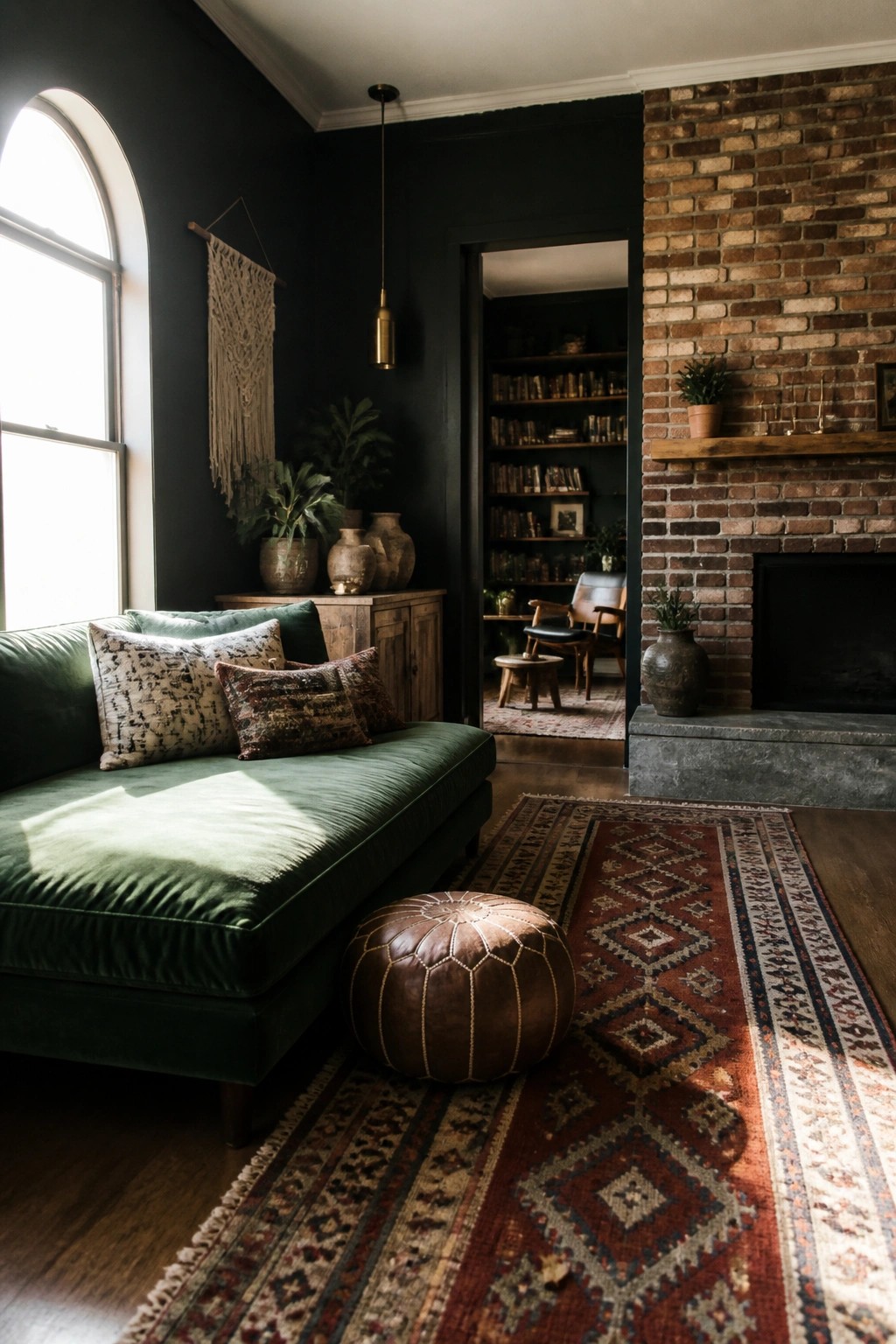 A living room interior with dark walls, a green velvet chaise lounge with pillows, a brown leather pouf, a patterned rug, and a brick fireplace visible in the background.