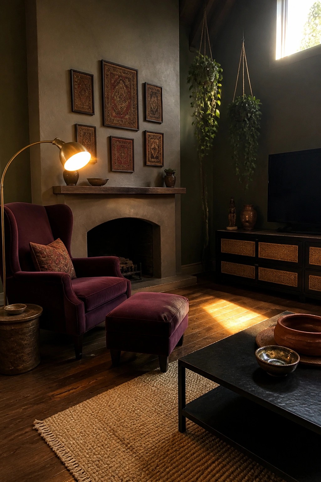 Cozy room with purple velvet armchair, ottoman, arched fireplace, and hanging plants.