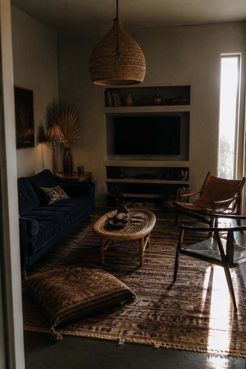 A living room featuring a navy blue velvet sofa, woven pendant light, built-in TV unit, leather chairs, and a large patterned rug.