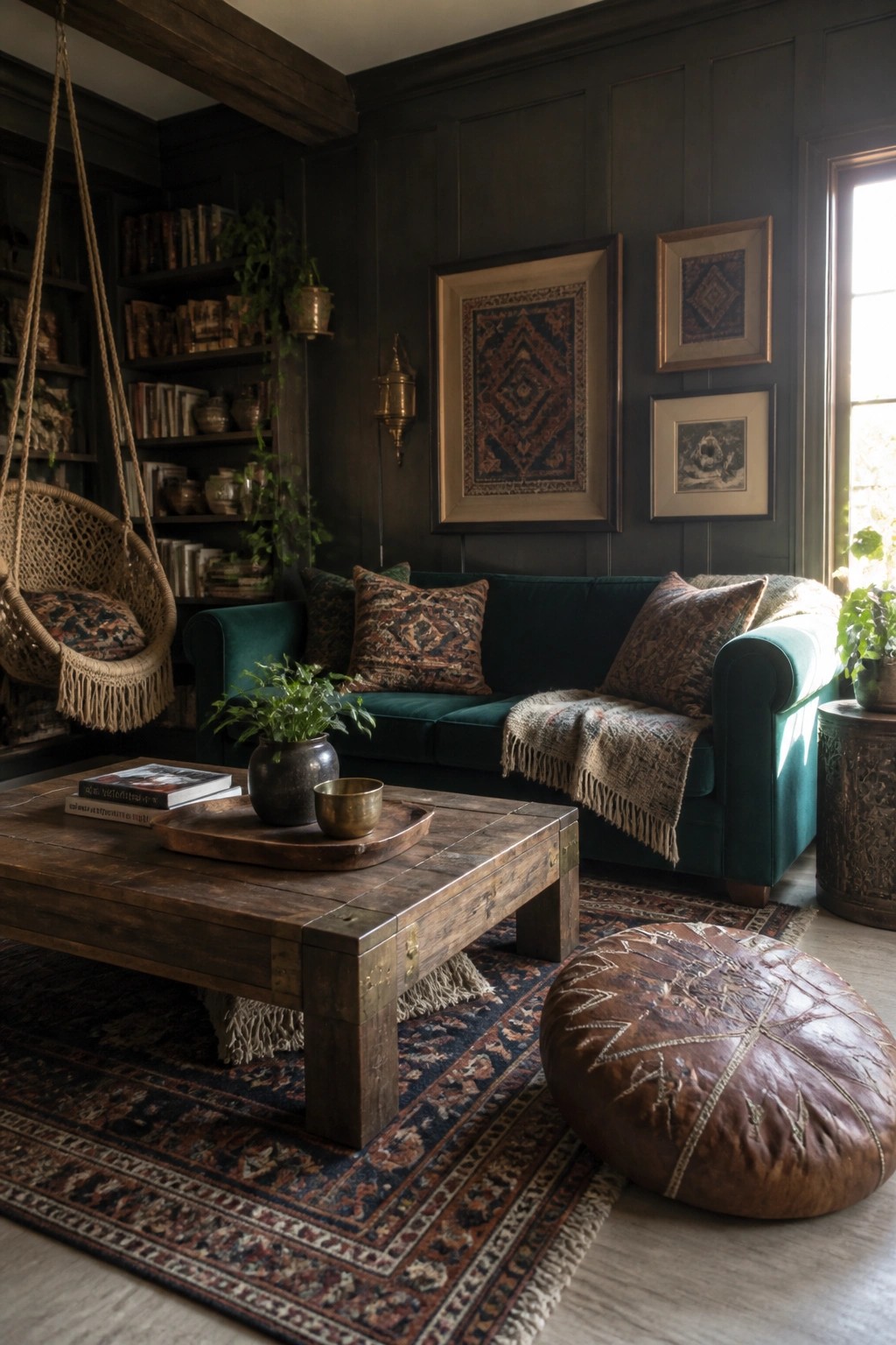 A living room with a teal velvet sofa against dark wood-paneled walls, a wooden coffee table on a patterned rug, and a hanging wicker chair.