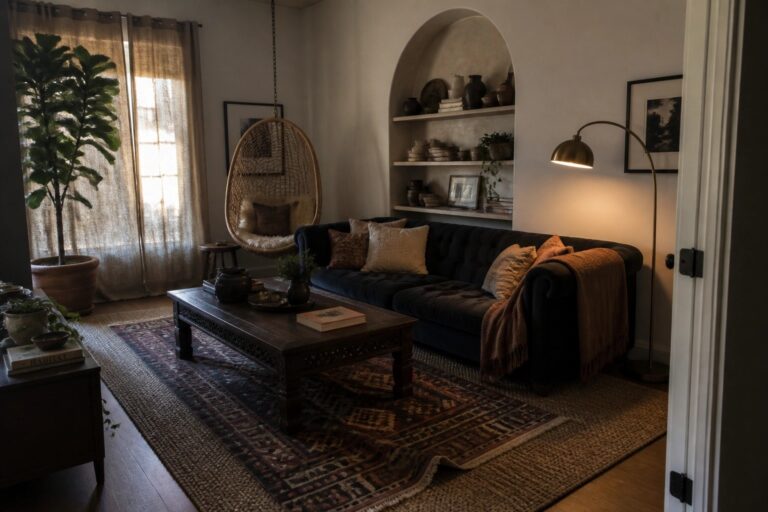 22 Elegant Dark Boho Living Room Ideas Featuring Velvet Seating Cozy living room with navy sofa, hanging rattan chair, arched shelves, and plants