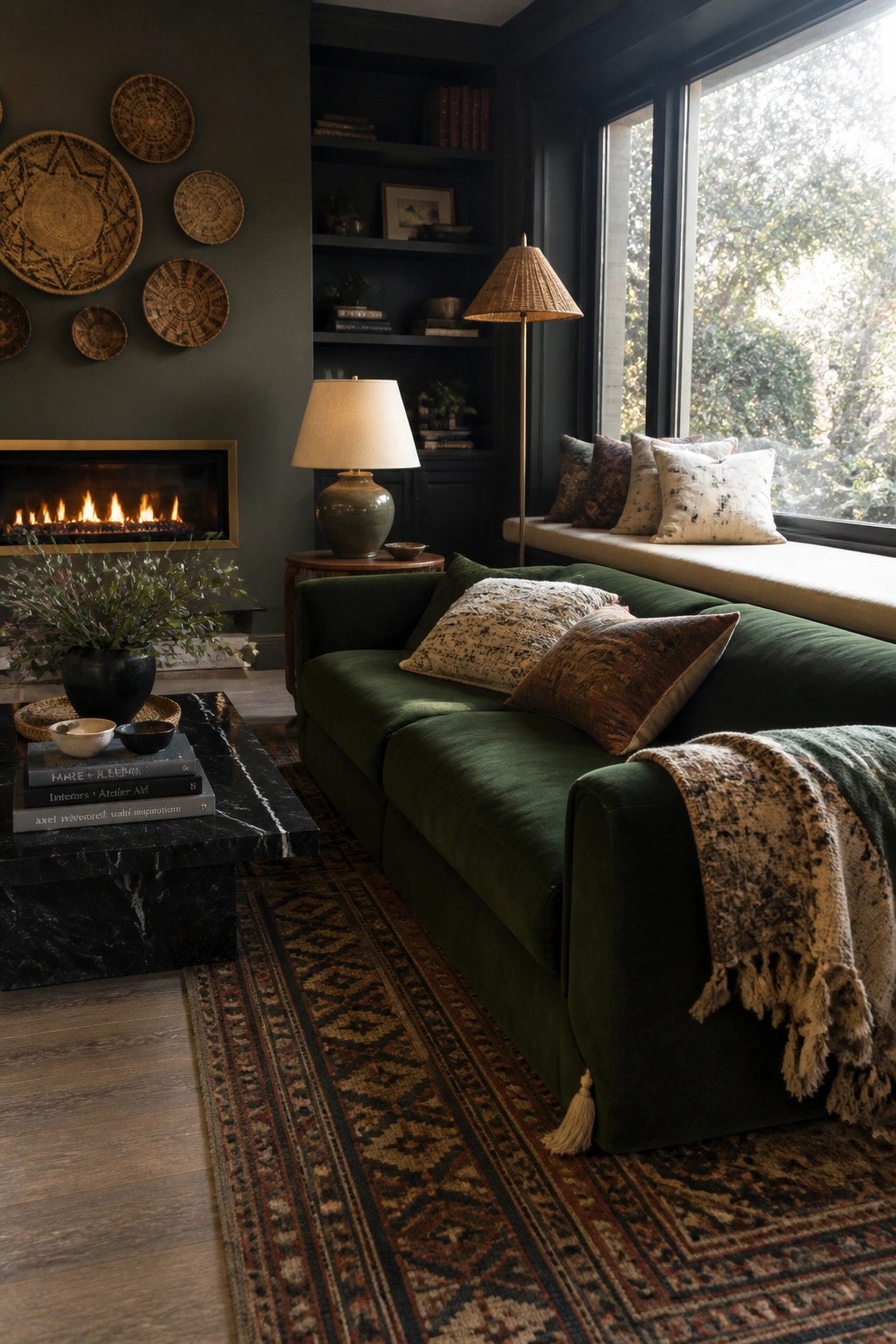 A living room featuring a dark green velvet sofa against charcoal walls, with a marble coffee table, patterned rug, and woven wall baskets.