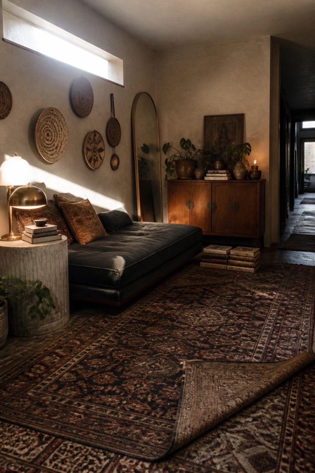 A living room with a dark upholstered sofa, layered patterned rugs, a wooden cabinet, woven wall hangings, and a brass table lamp.