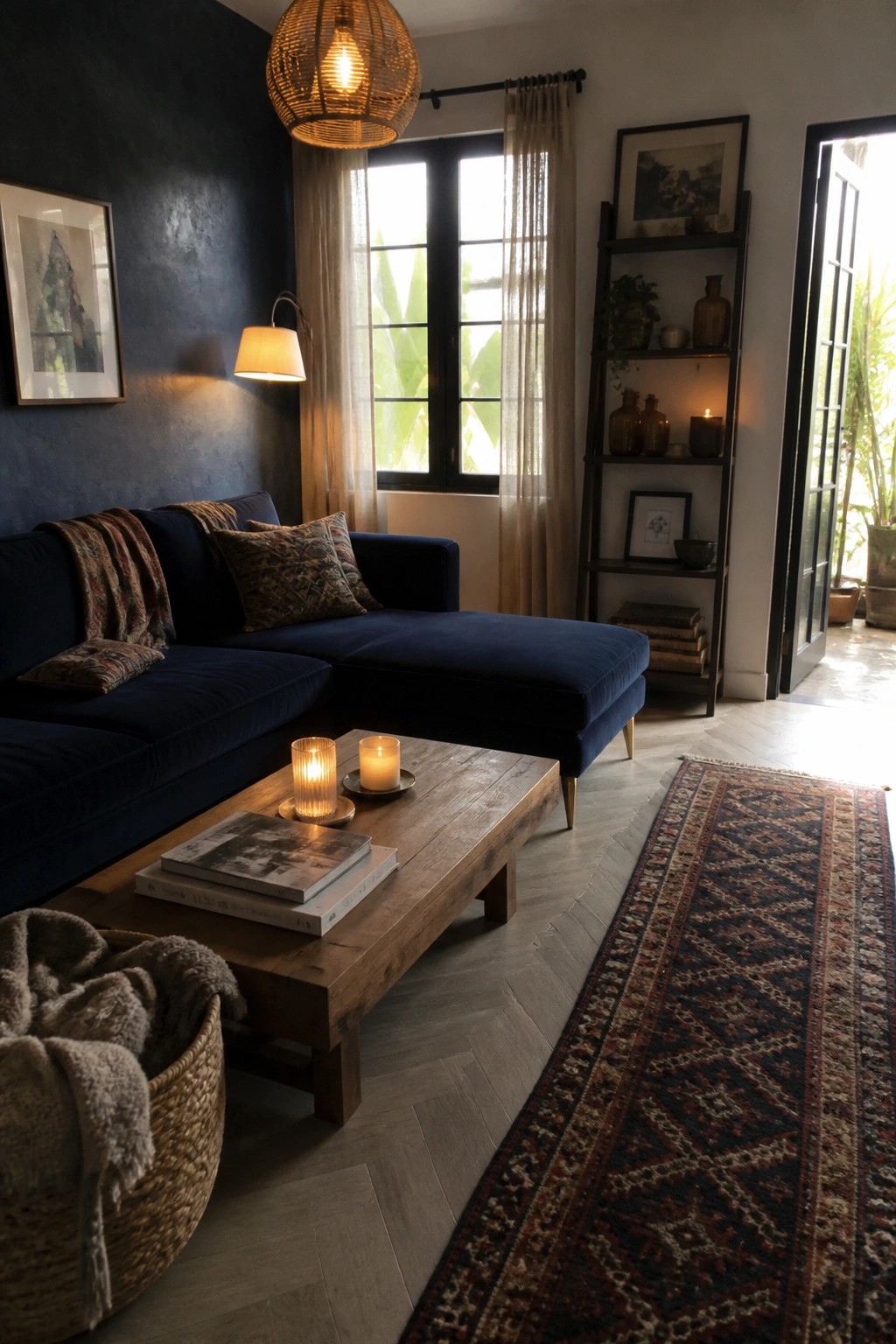Cozy living room with navy sectional sofa, wooden coffee table, and patterned rug
