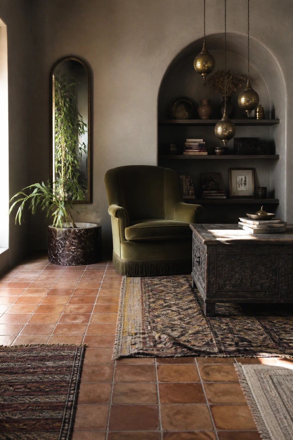 A green velvet armchair rests on layered patterned rugs over terracotta tile, with an arched niche holding shelves and hanging lanterns visible in the background.