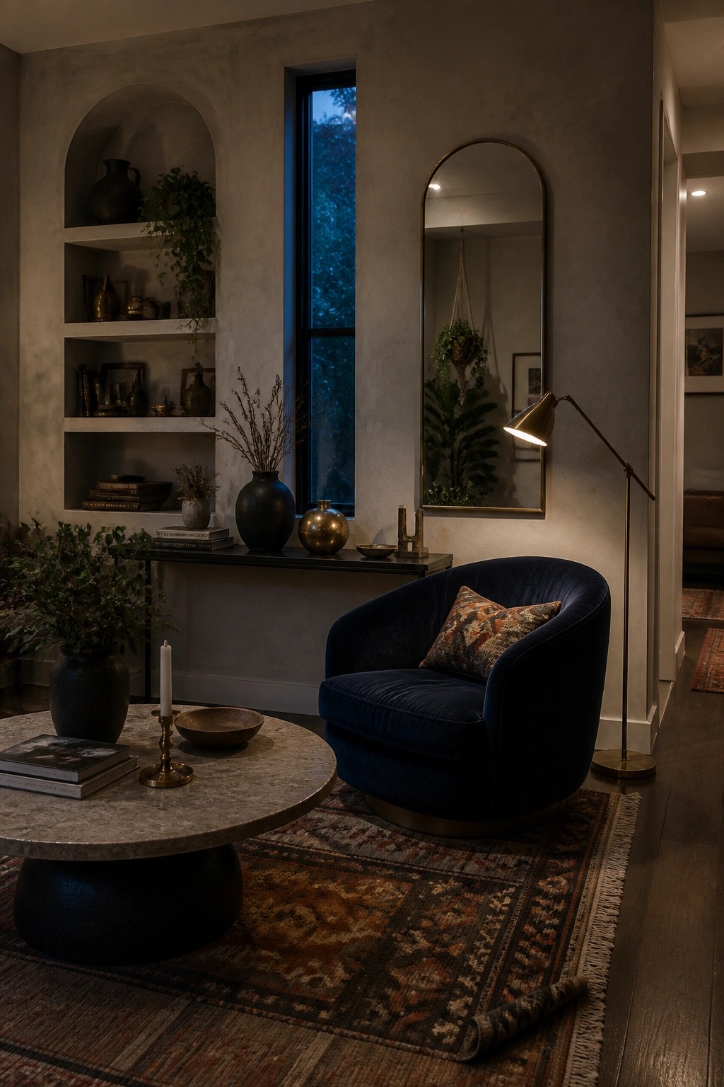 A navy blue velvet swivel armchair with a patterned pillow sits on a worn rug beside a round stone coffee table in a living room with built-in arched shelves and a tall arched mirror.