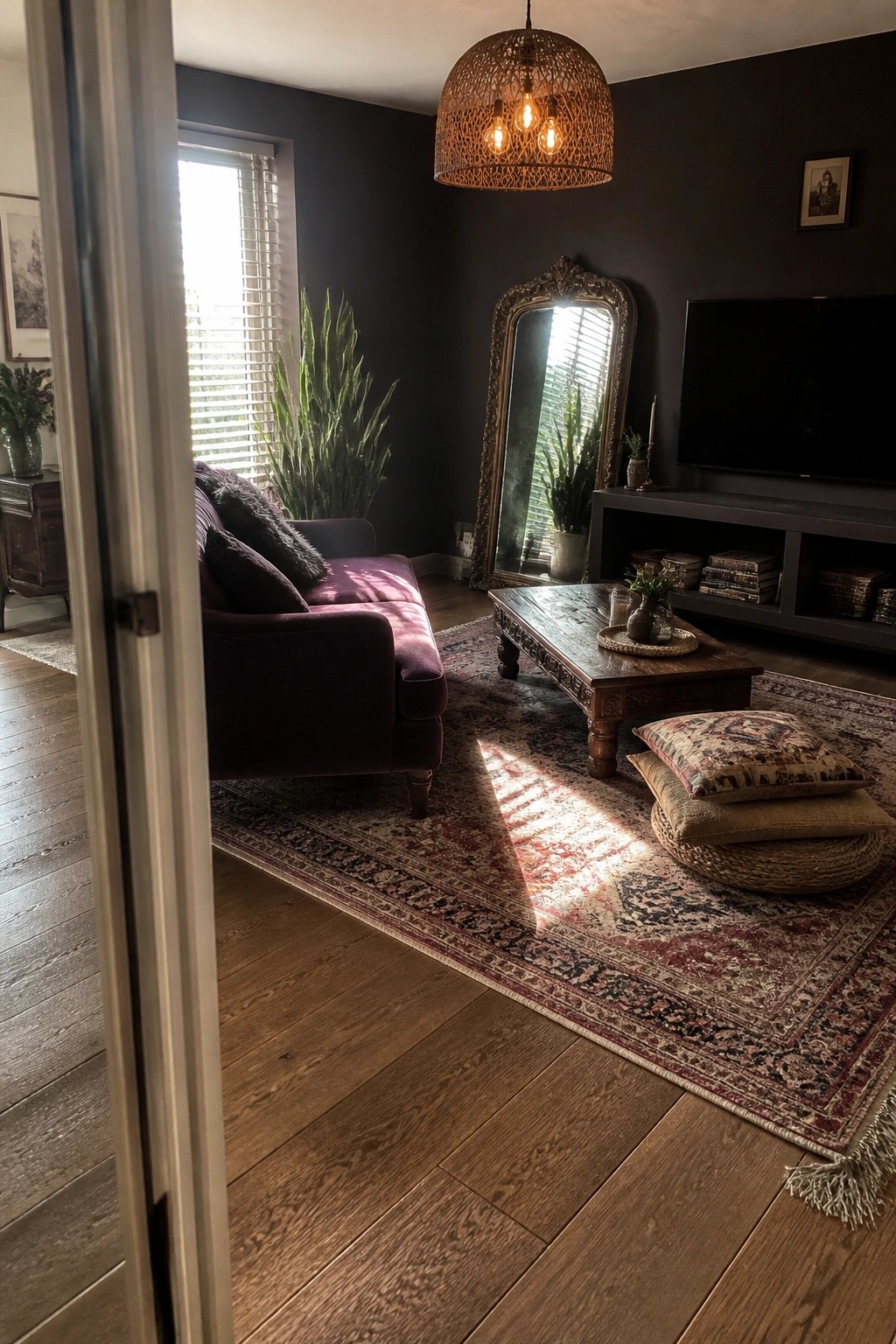 A living room with dark walls features a purple velvet sofa, a wooden coffee table on a patterned rug, an ornate floor mirror, and a woven pendant light.