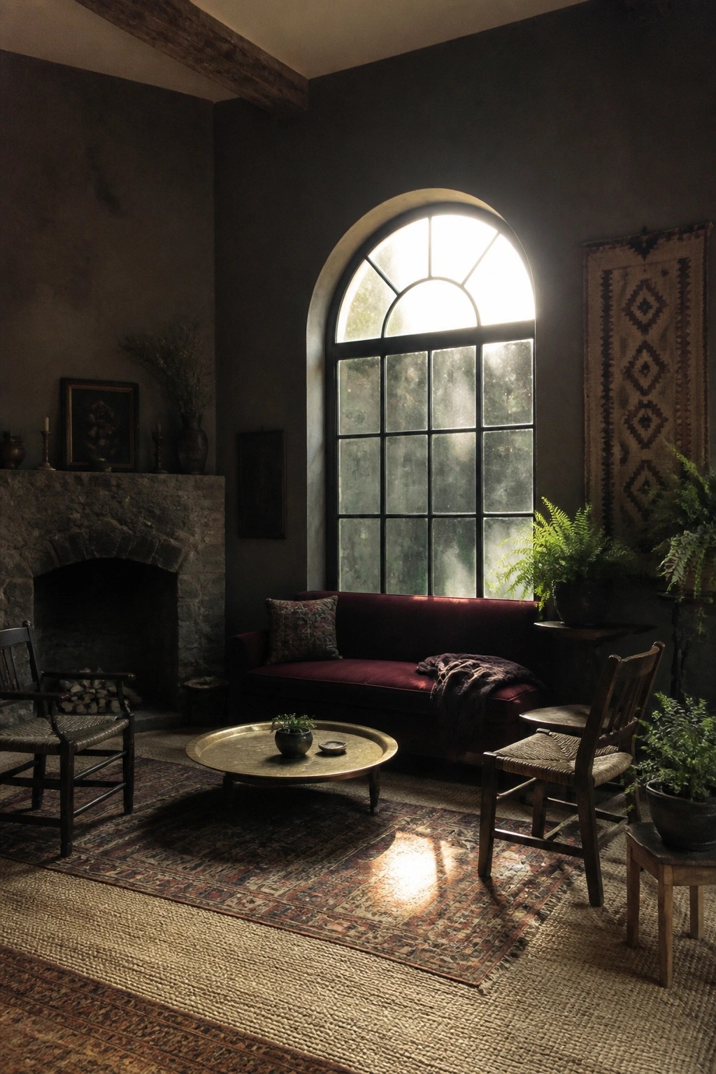 A dark living room featuring a large arched window, a burgundy velvet sofa, wooden chairs, a round coffee table, and layered patterned rugs.