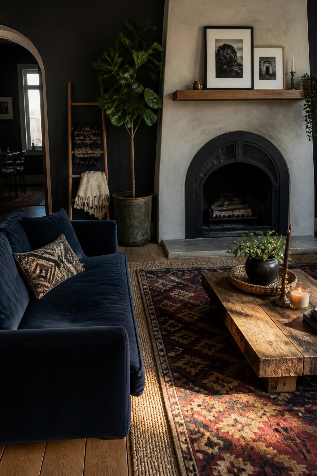 Navy velvet sofa and rustic wooden table before arched stone fireplace.