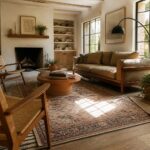 Living room interior showing a large patterned rug layered with a striped rug, along with a sofa, round coffee table, fireplace, and woven chairs.