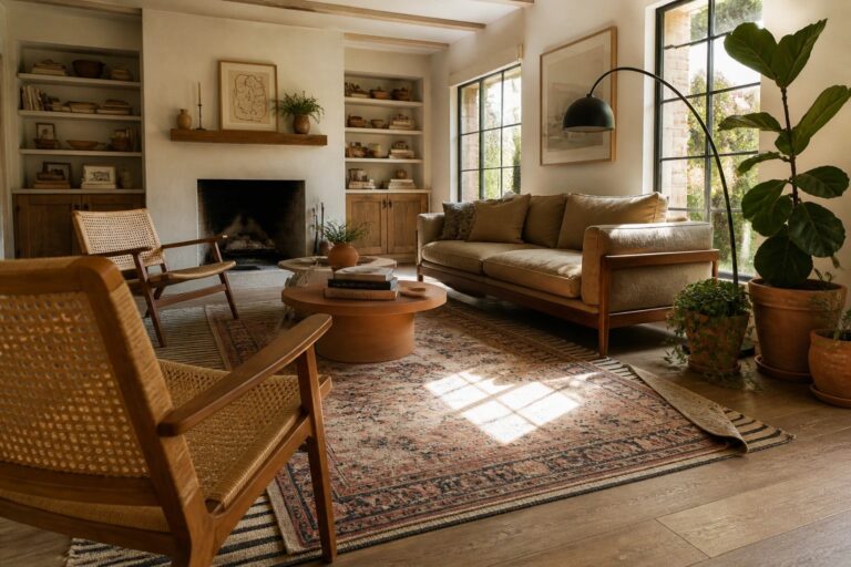 23 Layered Modern Boho Living Room Ideas Built Around Mixed-Pattern Rugs Living room interior showing a large patterned rug layered with a striped rug, along with a sofa, round coffee table, fireplace, and woven chairs.