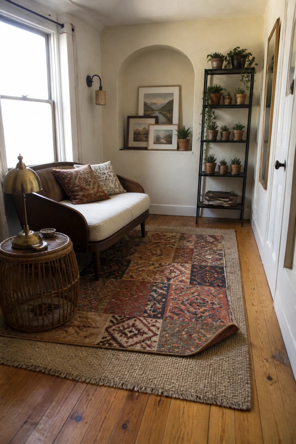 A living room corner with a large jute rug on wood flooring and a smaller colorful patterned rug layered partially on top near a wooden sofa and side table.