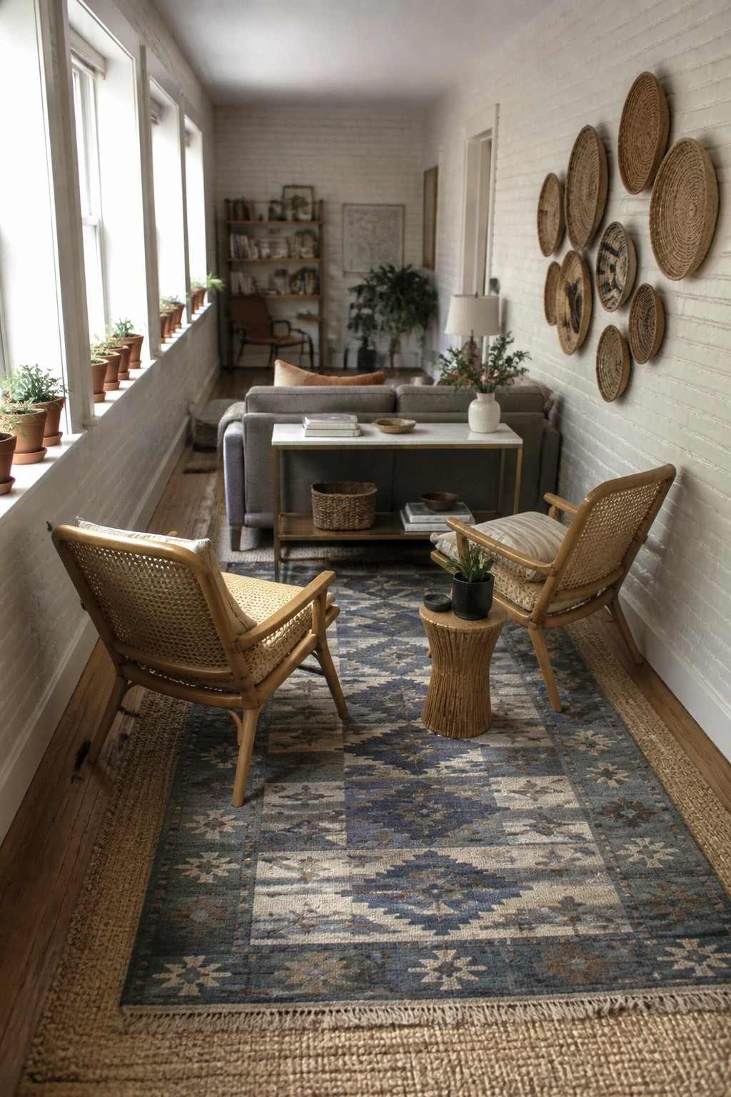 A living room interior showing a large patterned rug layered over a natural fiber rug with two wooden armchairs and a gray sofa in view.