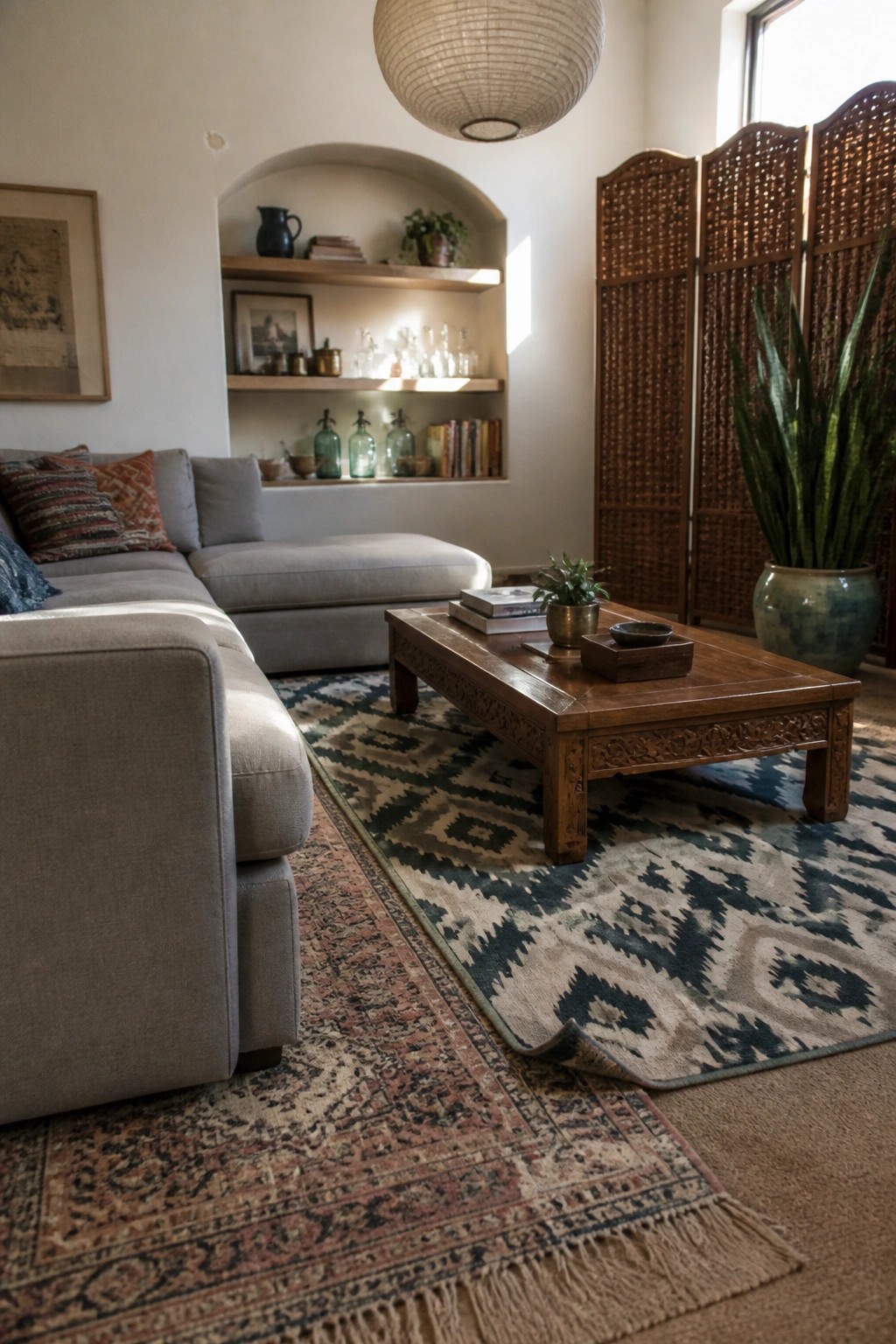 A living room scene showing a gray sectional sofa, wooden coffee table, and two overlapping rugs with different patterns on a carpeted floor.