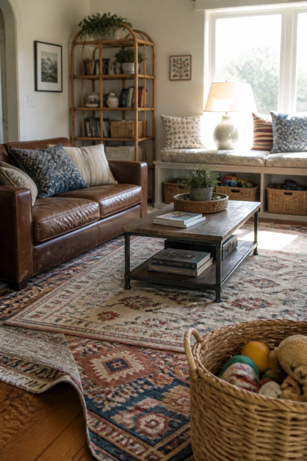 A living room with a brown leather sofa, wooden coffee table, and multiple overlapping patterned rugs on a hardwood floor, with a wicker basket in the foreground.