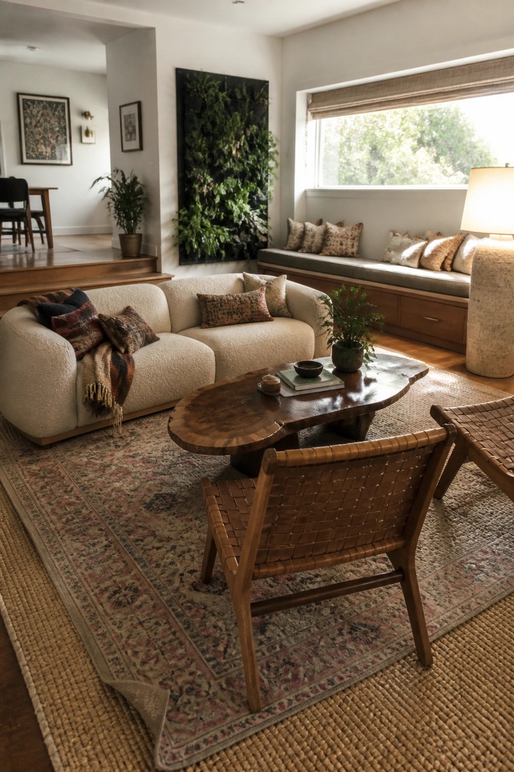 A living room showing a large patterned rug layered over a natural fiber rug, with a curved sofa, wooden coffee table, and woven chairs arranged on top.