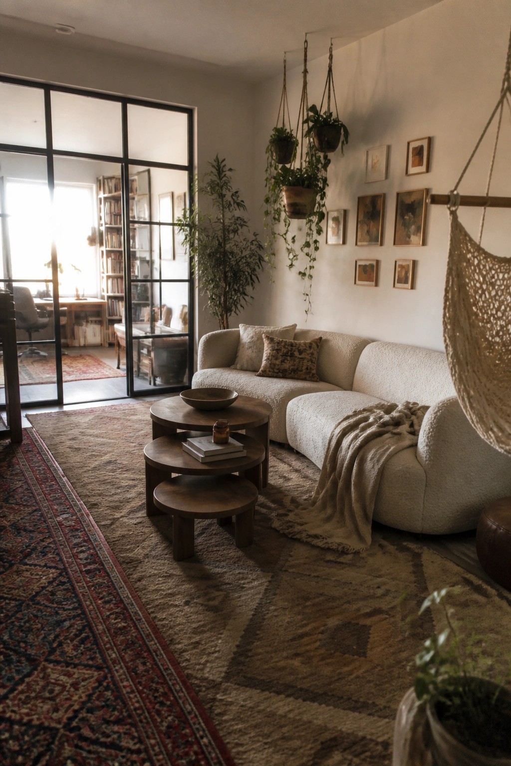 A modern living room with a white boucle sofa, wooden nested coffee tables, and two overlapping patterned rugs on the floor, one large with red and blue designs and a smaller geometric one beneath the seating area.