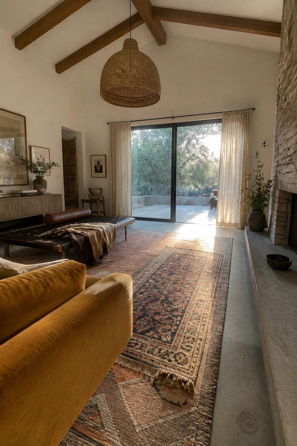 A modern living room interior with wooden ceiling beams, a large central patterned rug layered over a smaller one, yellow velvet sofa, black leather daybed, stone fireplace, and glass doors opening to an outdoor area.