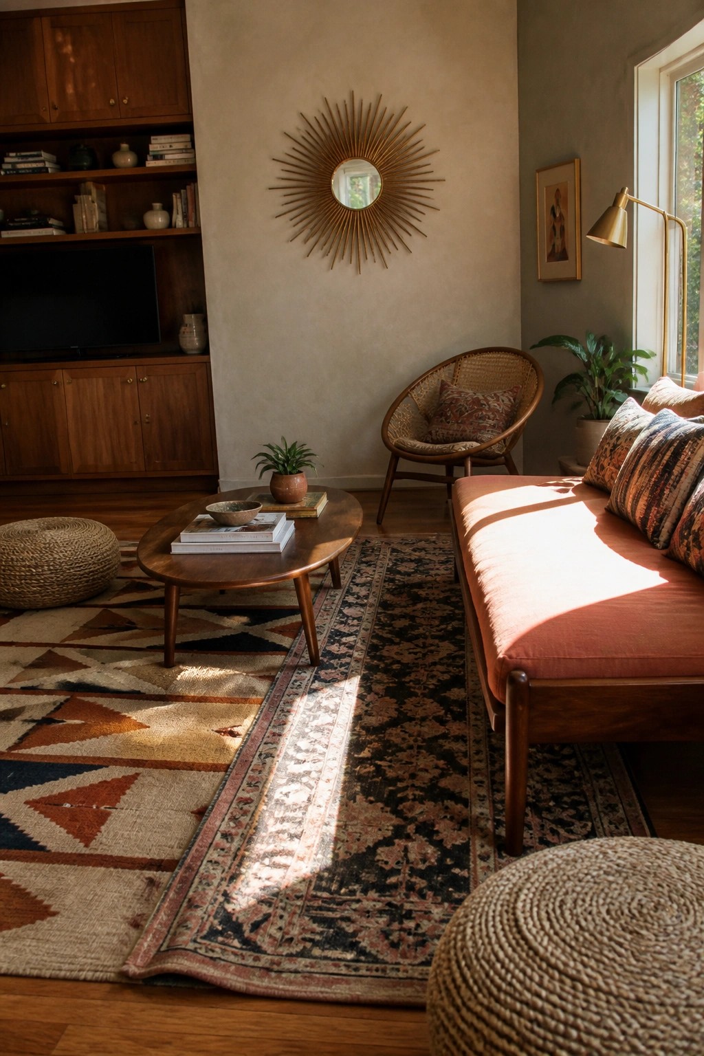 A living room interior with two layered patterned rugs on a wood floor, a wooden coffee table, woven poufs, a pink sofa, and a sunburst mirror on the wall.
