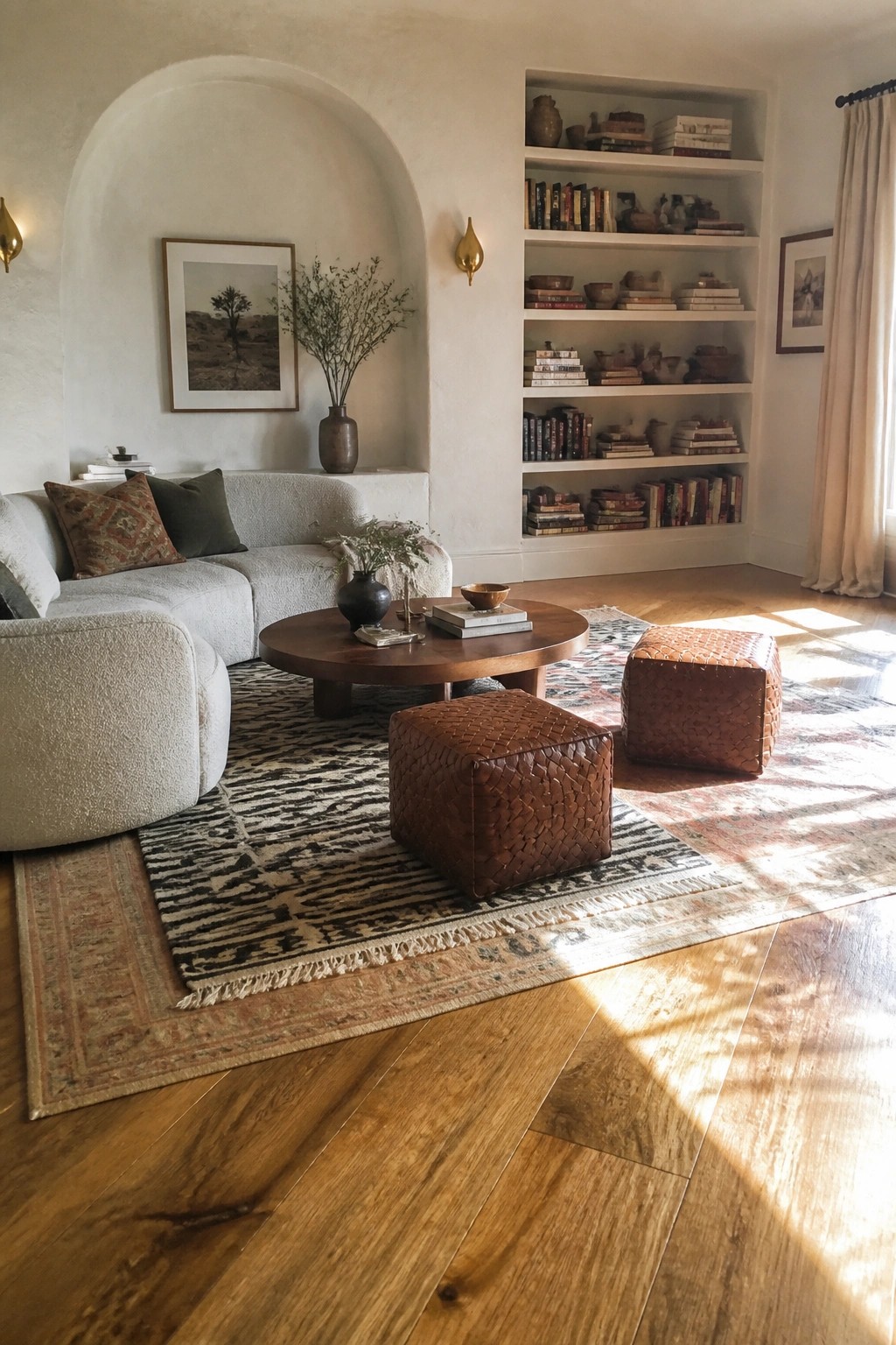 A living room featuring a light gray sectional sofa, round wooden coffee table, two brown woven leather poufs, and overlapping patterned rugs on hardwood floors with built-in white bookshelves visible in the background.